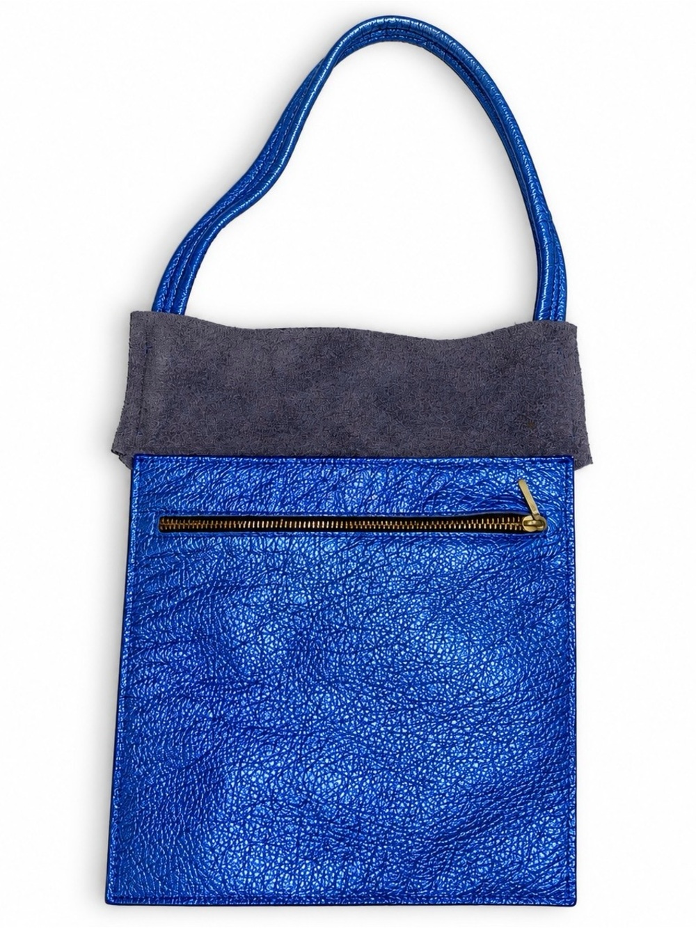 Kurt Geiger Metallic Blue Leather Shoulder Bag Purse Zip Pocket Unique Art